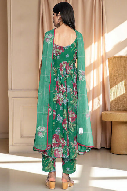 Green Printed Chiffon Flared Kurta, Straight Pant and Dupatta Set
