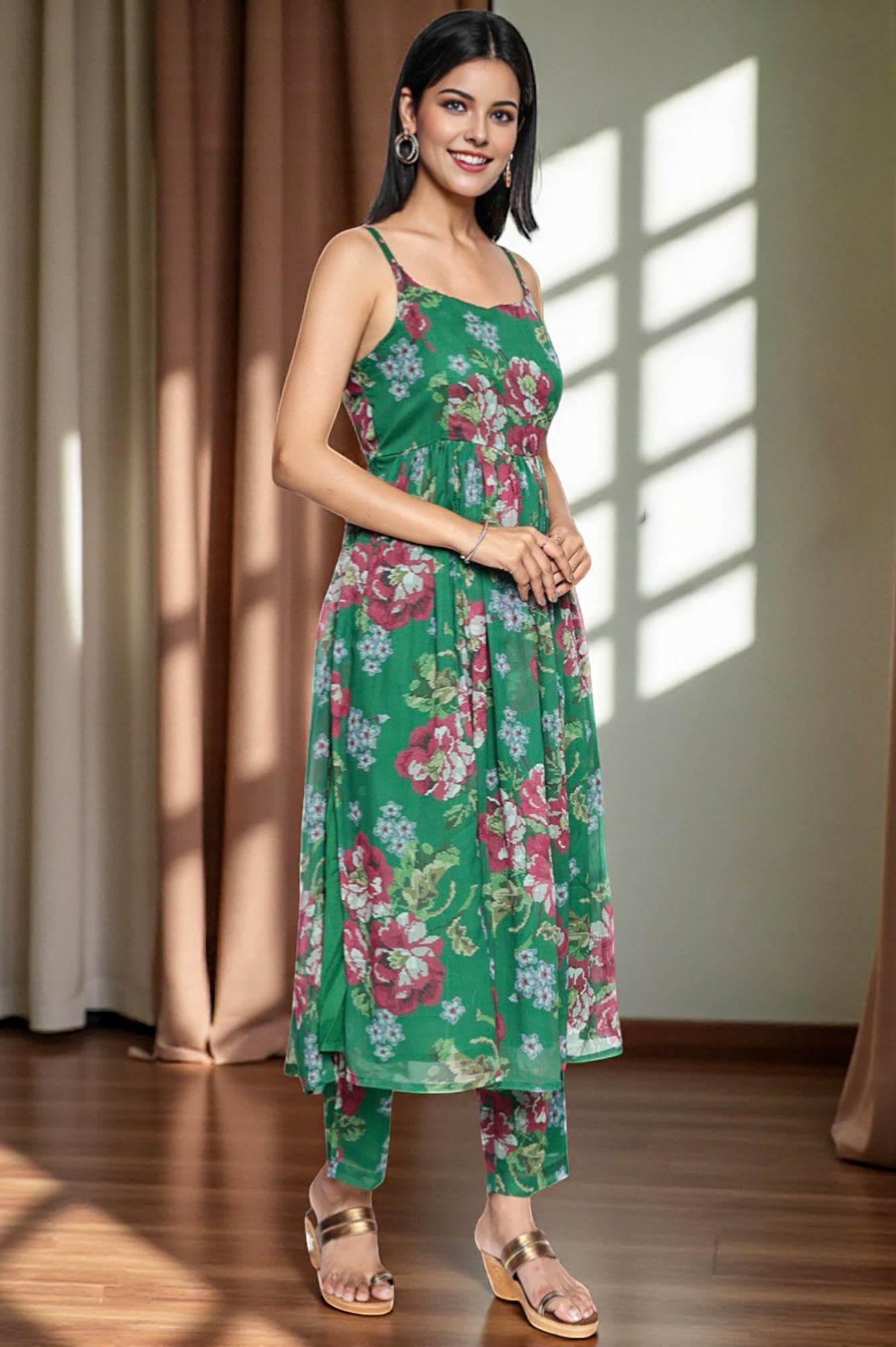 Green Printed Chiffon Flared Kurta, Straight Pant and Dupatta Set