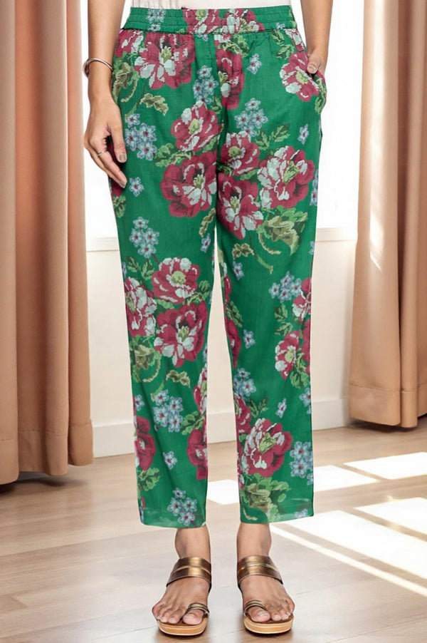 Green Printed Chiffon Flared Kurta, Straight Pant and Dupatta Set