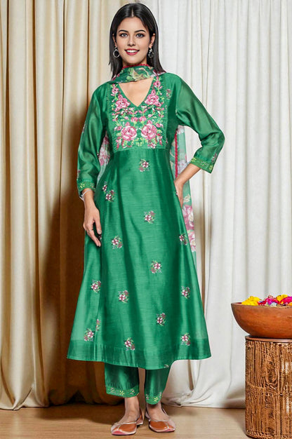 Green Printed Chanderi Flared Kurta, Straight Pant and Dupatta Set