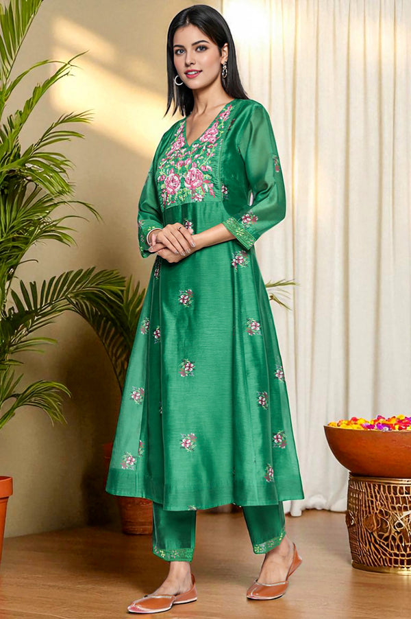 Green Printed Chanderi Flared Kurta, Straight Pant and Dupatta Set