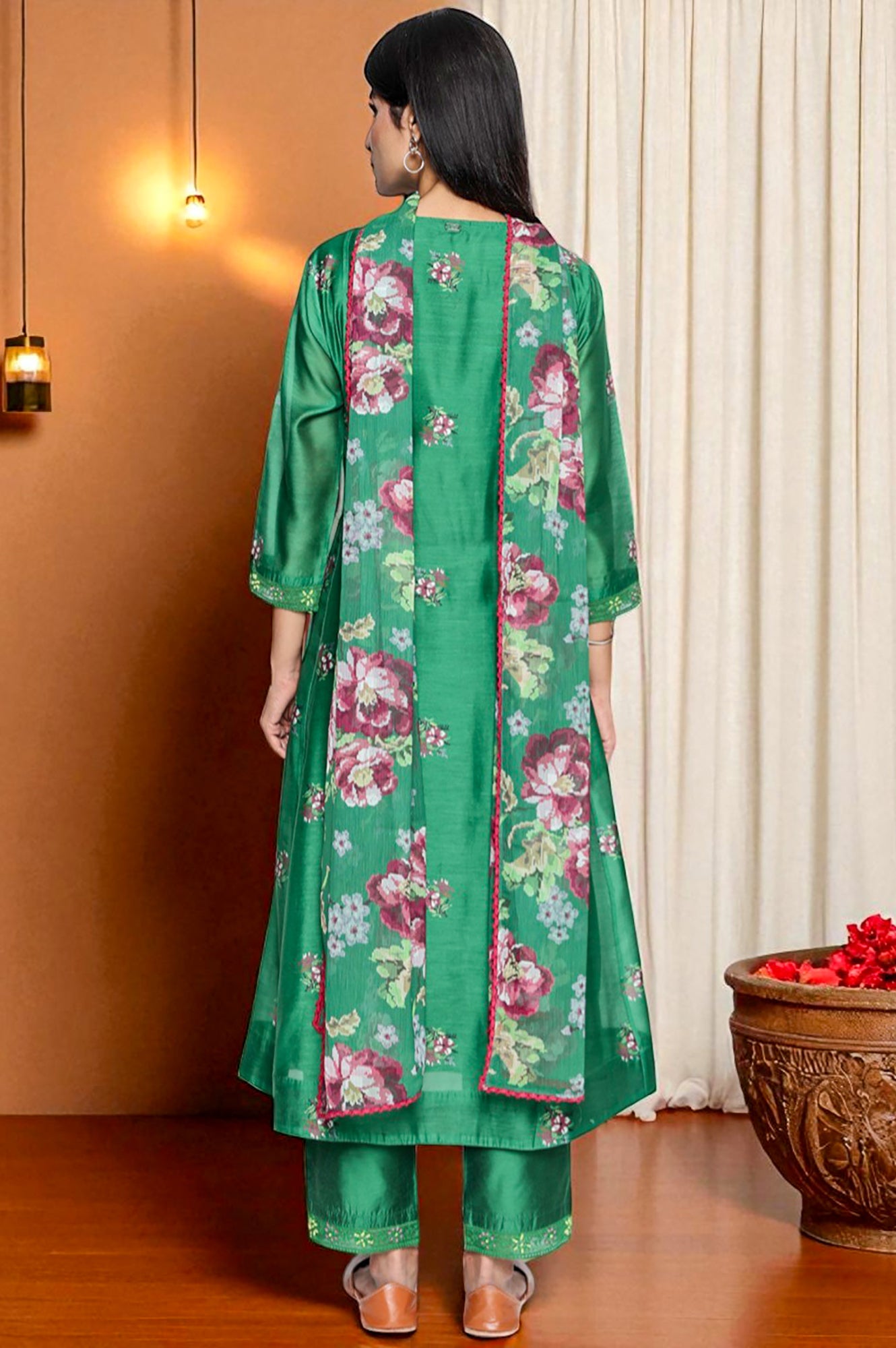 Green Printed Chanderi Flared Kurta, Straight Pant and Dupatta Set
