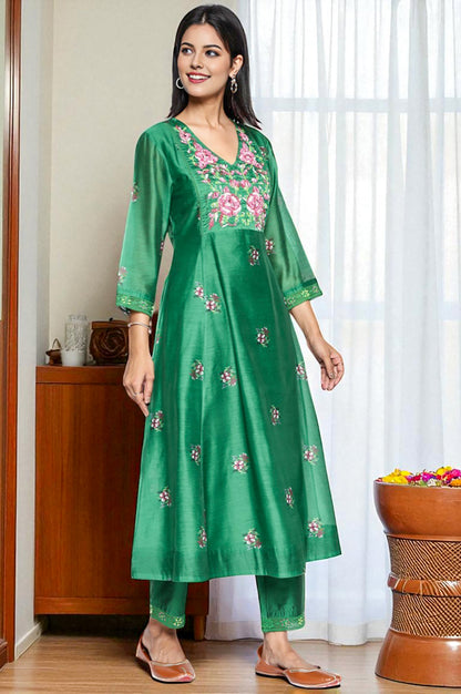 Green Printed Chanderi Flared Kurta, Straight Pant and Dupatta Set