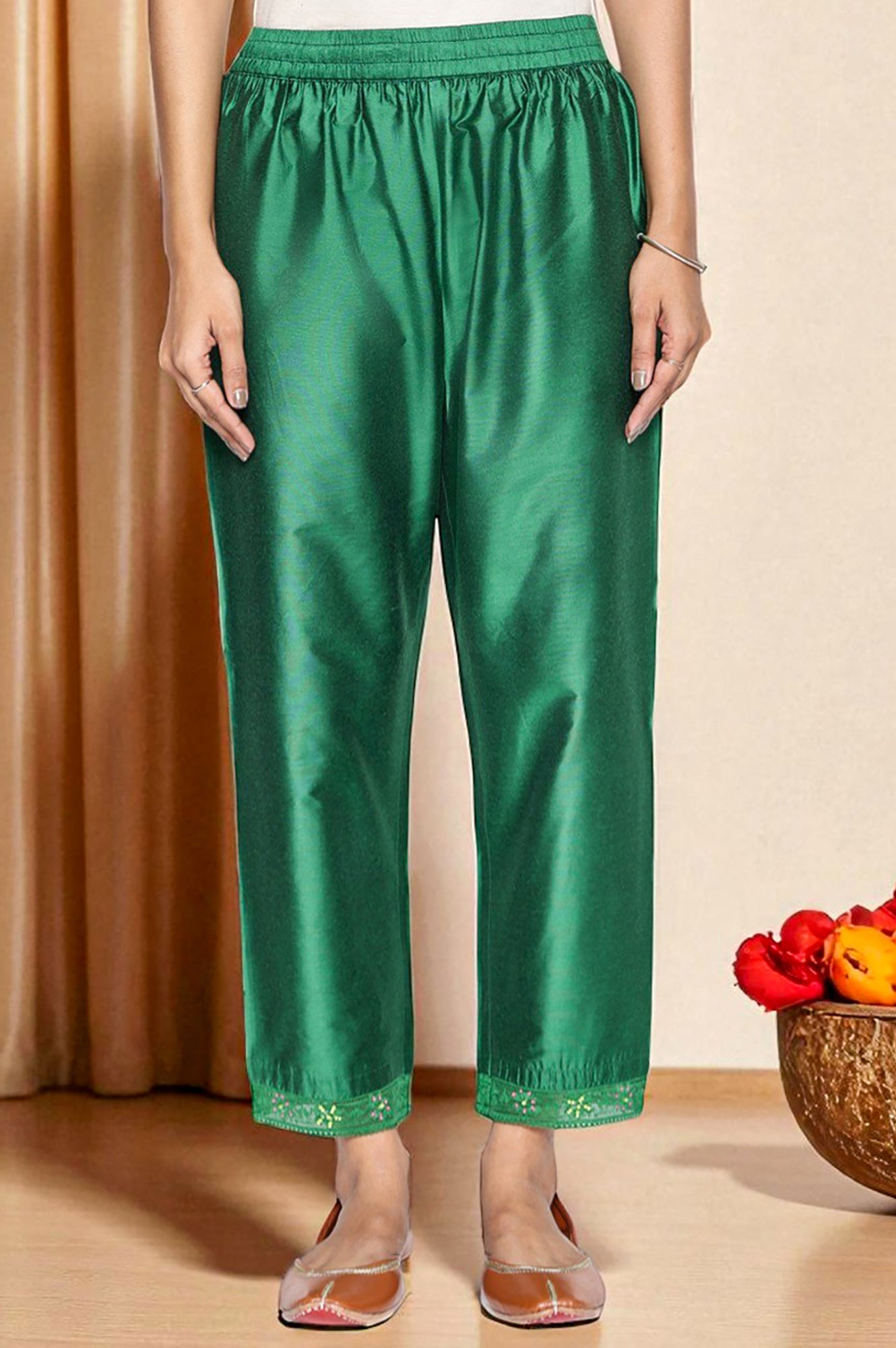 Green Printed Chanderi Flared Kurta, Straight Pant and Dupatta Set