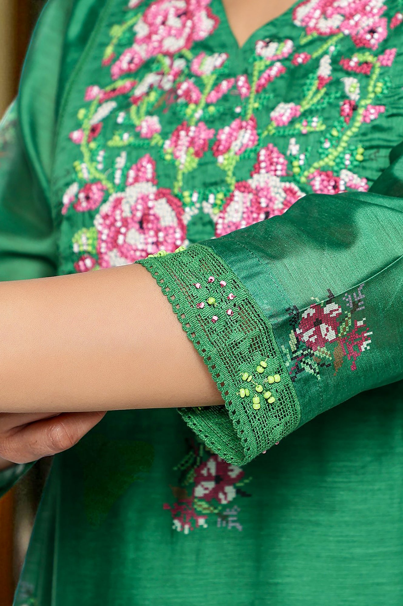 Green Printed Chanderi Flared Kurta, Straight Pant and Dupatta Set