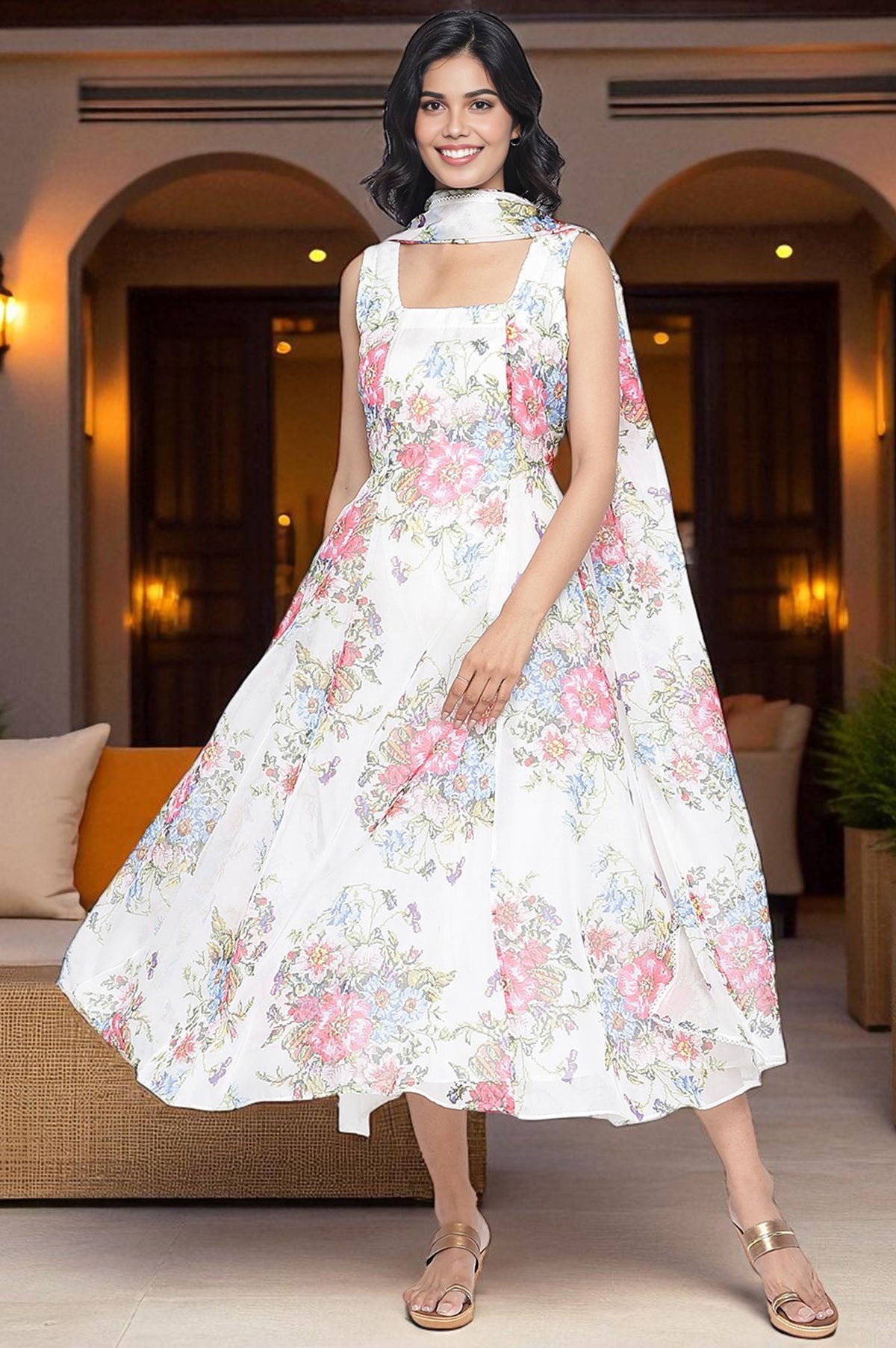 Ecru Printed Organza Flared Dress and Dupatta Set - XS