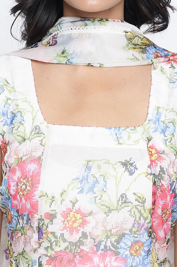 Ecru Printed Organza Flared Dress and Dupatta Set