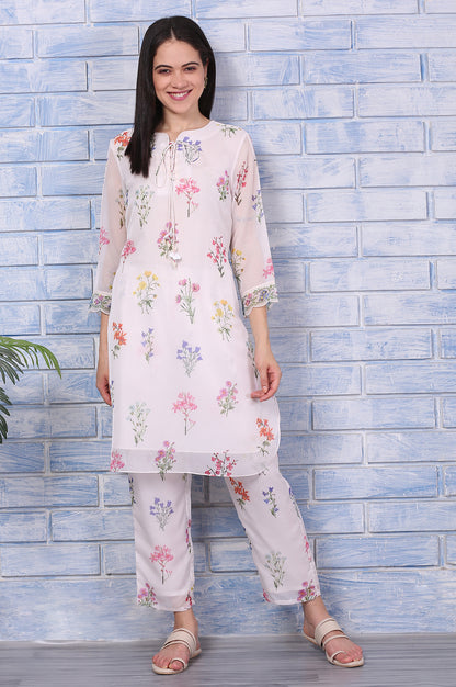 Cream Floral Printed Organza Straight Kurta and Pants Co-ord Set