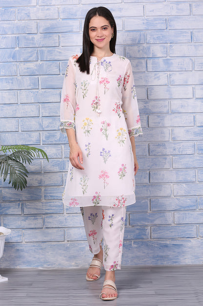 Cream Floral Printed Organza Straight Kurta and Pants Co-ord Set