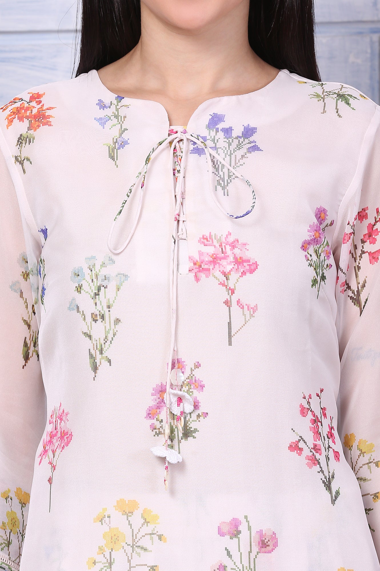 Cream Floral Printed Organza Straight Kurta and Pants Co-ord Set