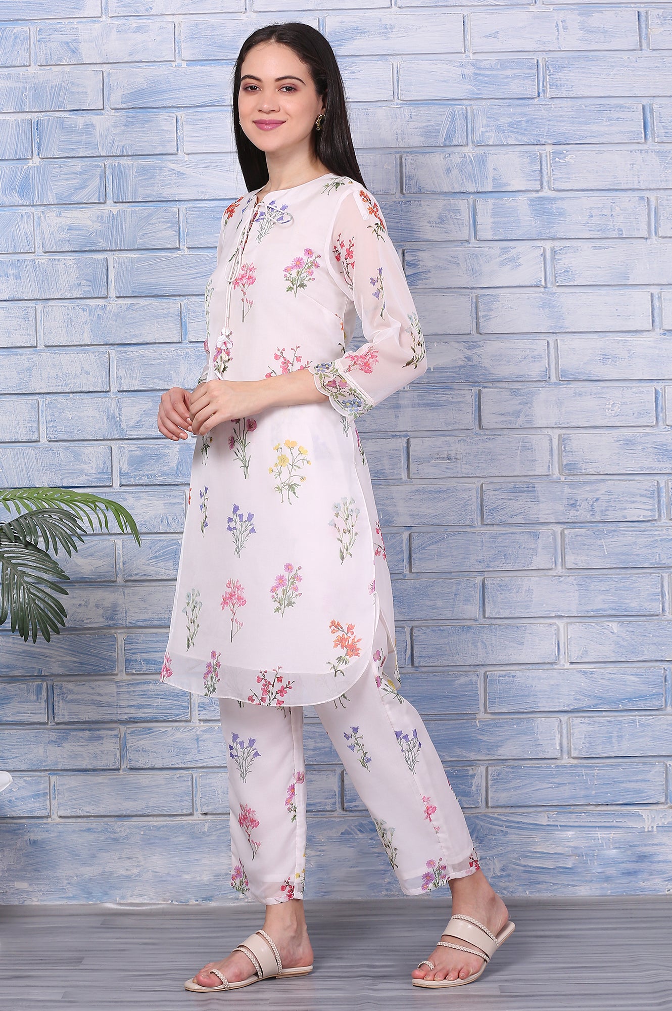 Cream Floral Printed Organza Straight Kurta and Pants Co-ord Set