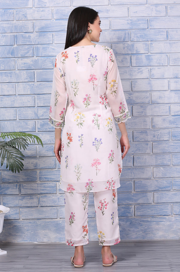 Cream Floral Printed Organza Straight Kurta and Pants Co-ord Set