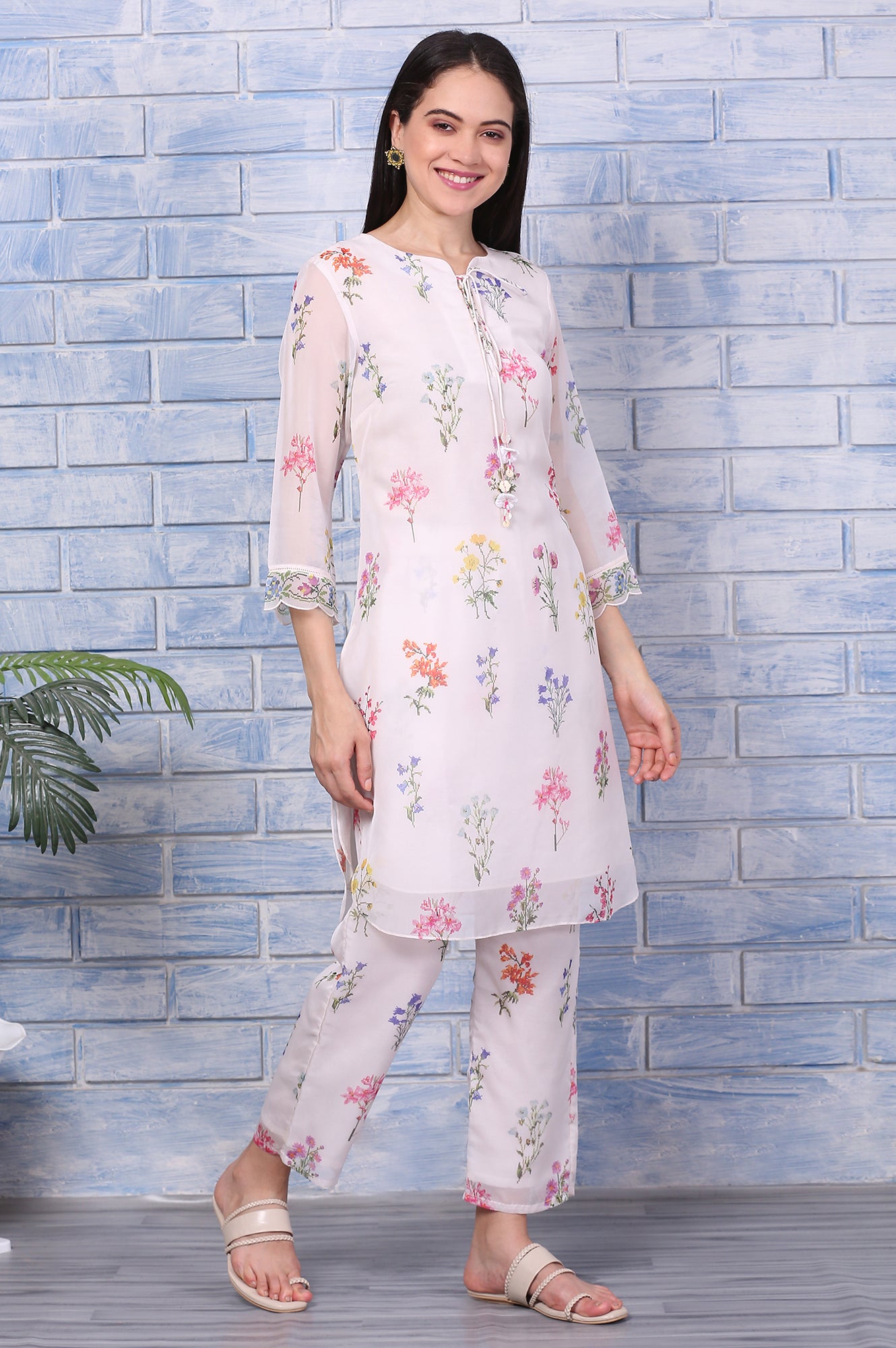 Cream Floral Printed Organza Straight Kurta and Pants Co-ord Set