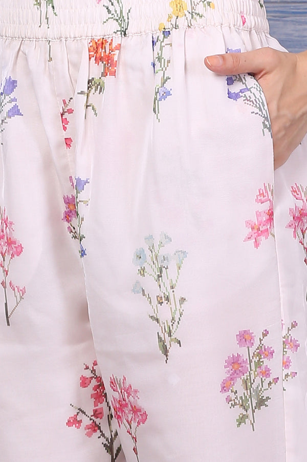 Cream Floral Printed Organza Straight Kurta and Pants Co-ord Set