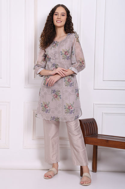 Grey Floral Printed Organza Straight Kurta and Straight Pants Set