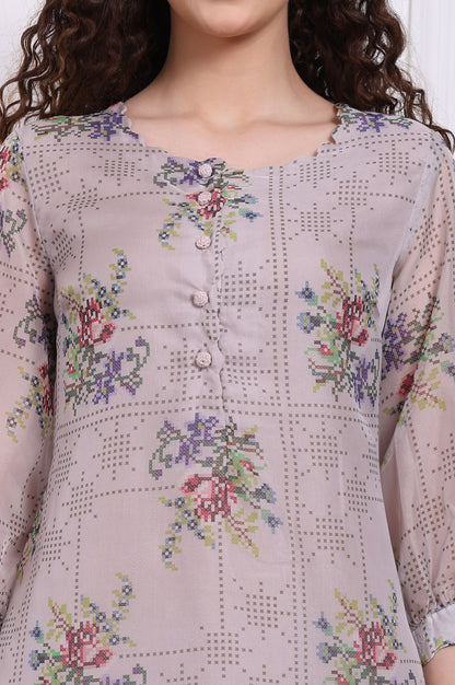 Grey Floral Printed Organza Straight Kurta and Straight Pants Set