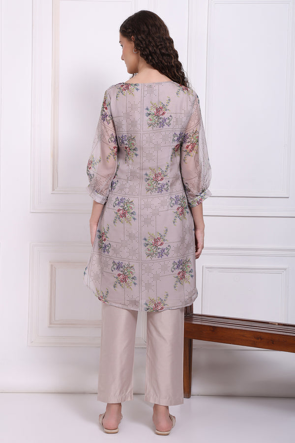 Grey Floral Printed Organza Straight Kurta and Straight Pants Set