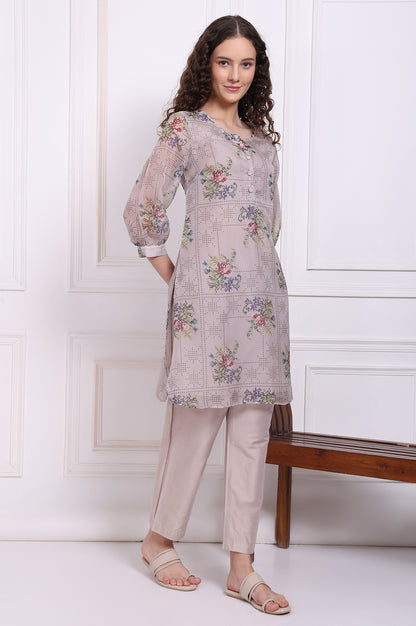 Grey Floral Printed Organza Straight Kurta and Straight Pants Set