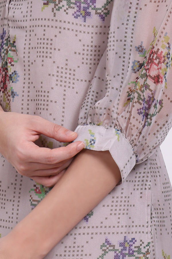 Grey Floral Printed Organza Straight Kurta and Straight Pants Set