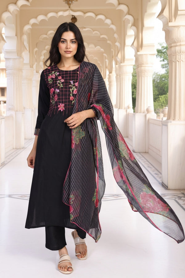 Black Floral Print Embroidered Straight Kurta with Pant and Dupatta Set