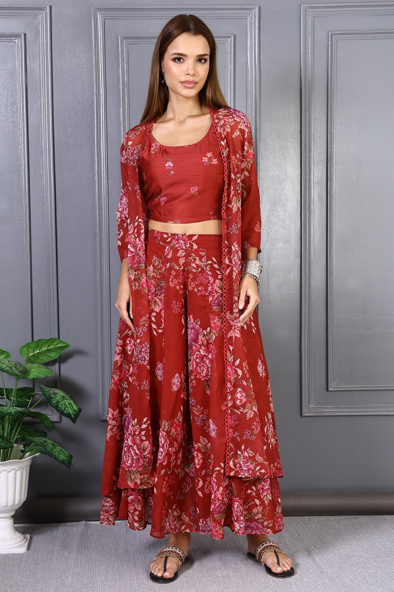 Red Floral Printed Lace Chiffon Crop Spaghetti Top, Jacket and Flared Pants Set