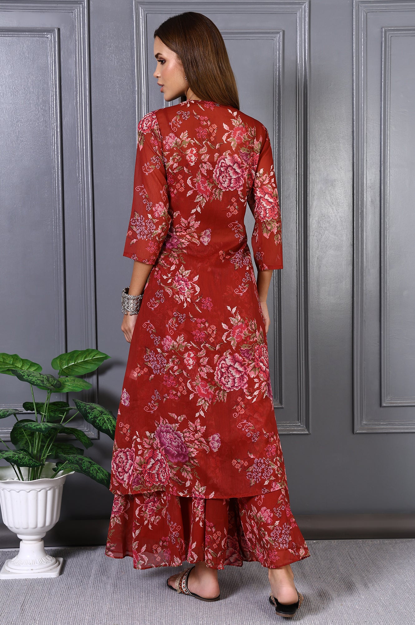 Buy Red Floral Printed Lace Chiffon Crop Spaghetti Top, Jacket and Flared Pants Set Online for Woman