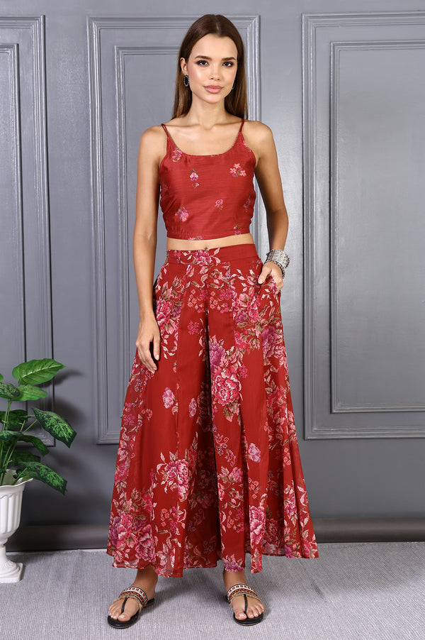 Red Floral Printed Lace Chiffon Crop Spaghetti Top, Jacket and Flared Pants Set