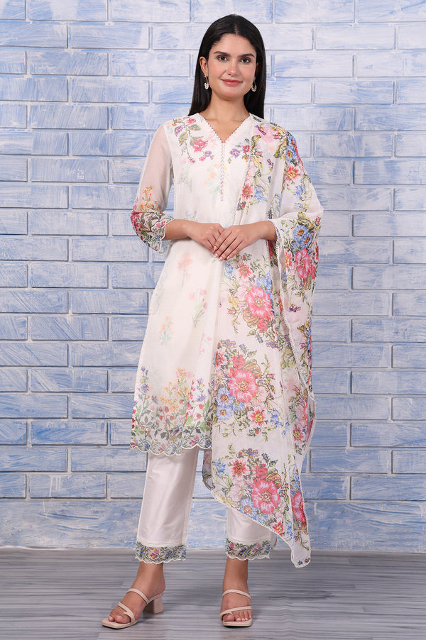White Floral Printed Beads Organza Straight Kurta, Straight Pant And Dupatta Set