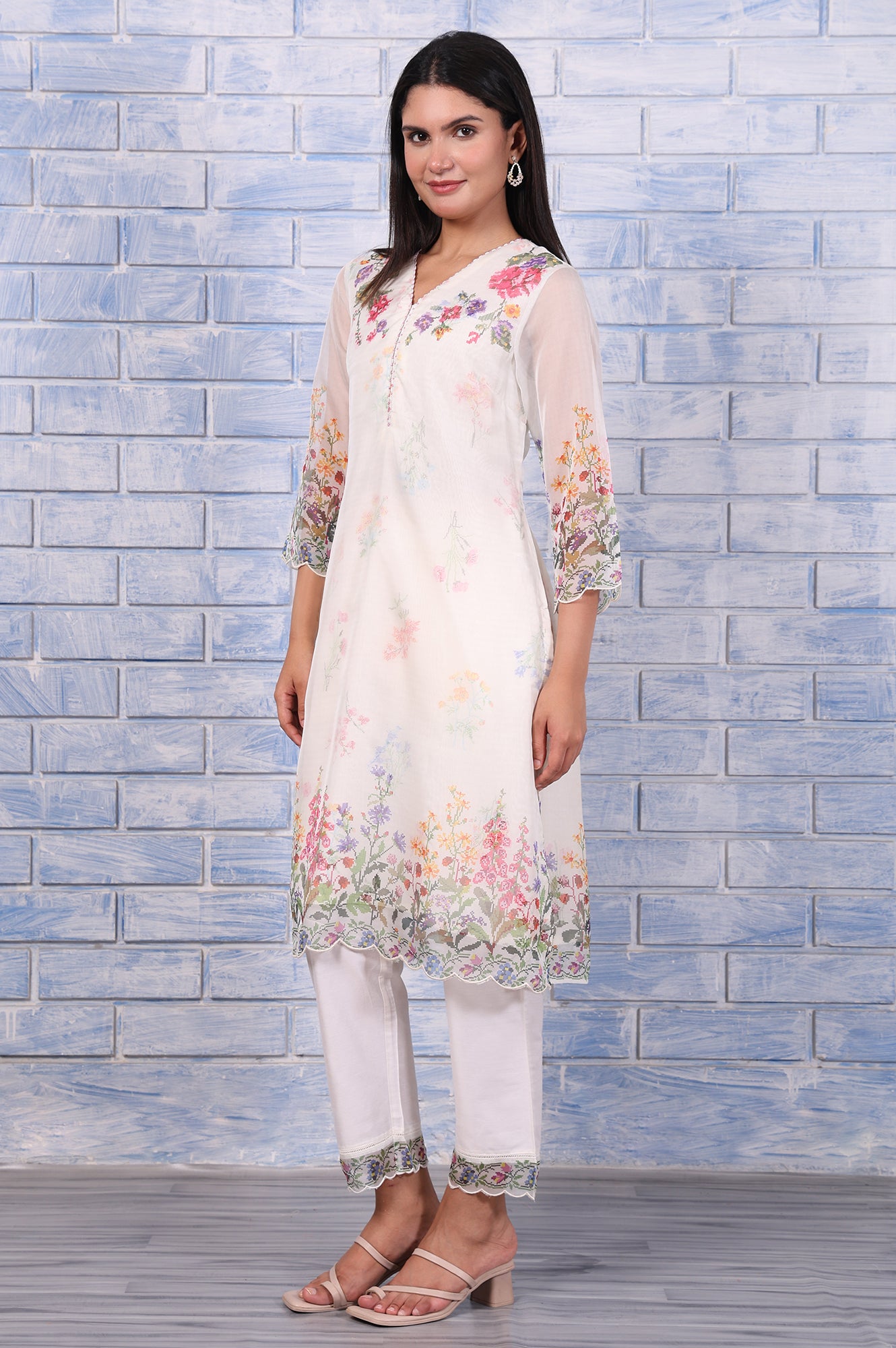 White Floral Printed Beads Organza Straight Kurta, Straight Pant And Dupatta Set