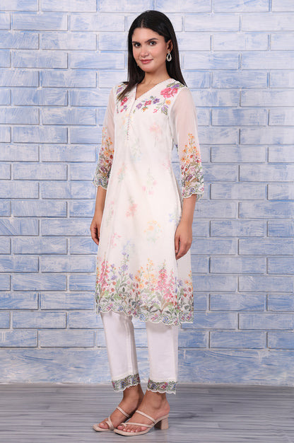 White Floral Printed Beads Organza Straight Kurta, Straight Pant And Dupatta Set