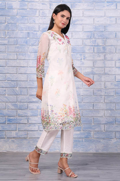 White Floral Printed Beads Organza Straight Kurta, Straight Pant And Dupatta Set