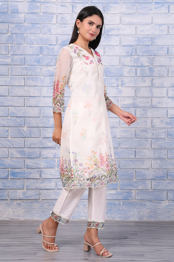 White Floral Printed Beads Organza Straight Kurta, Straight Pant And Dupatta Set