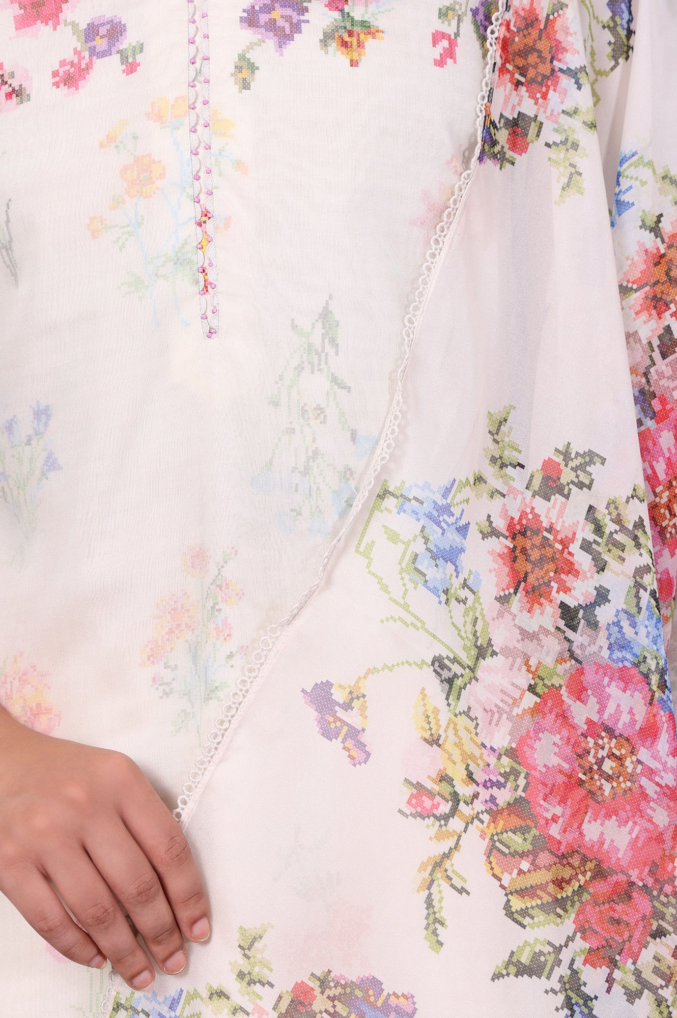 White Floral Printed Beads Organza Straight Kurta, Straight Pant And Dupatta Set