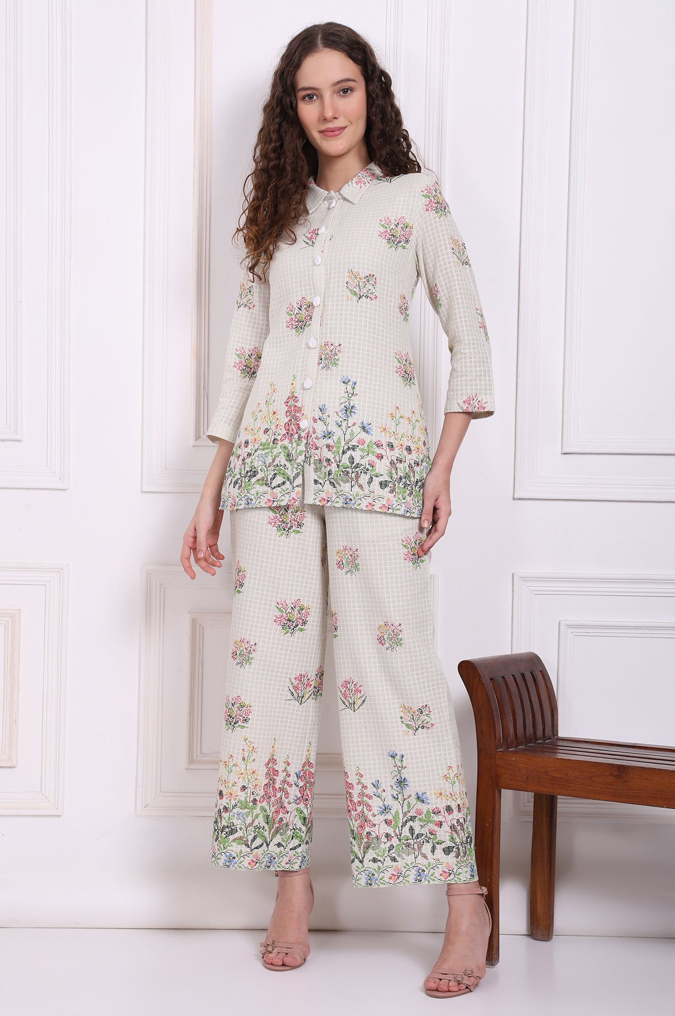 White Floral Printed Checker Pure Cotton Shirt and Pants Co-ord Set