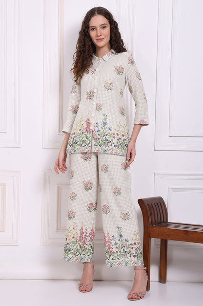 White Floral Printed Checker Pure Cotton Shirt and Pants Co-ord Set