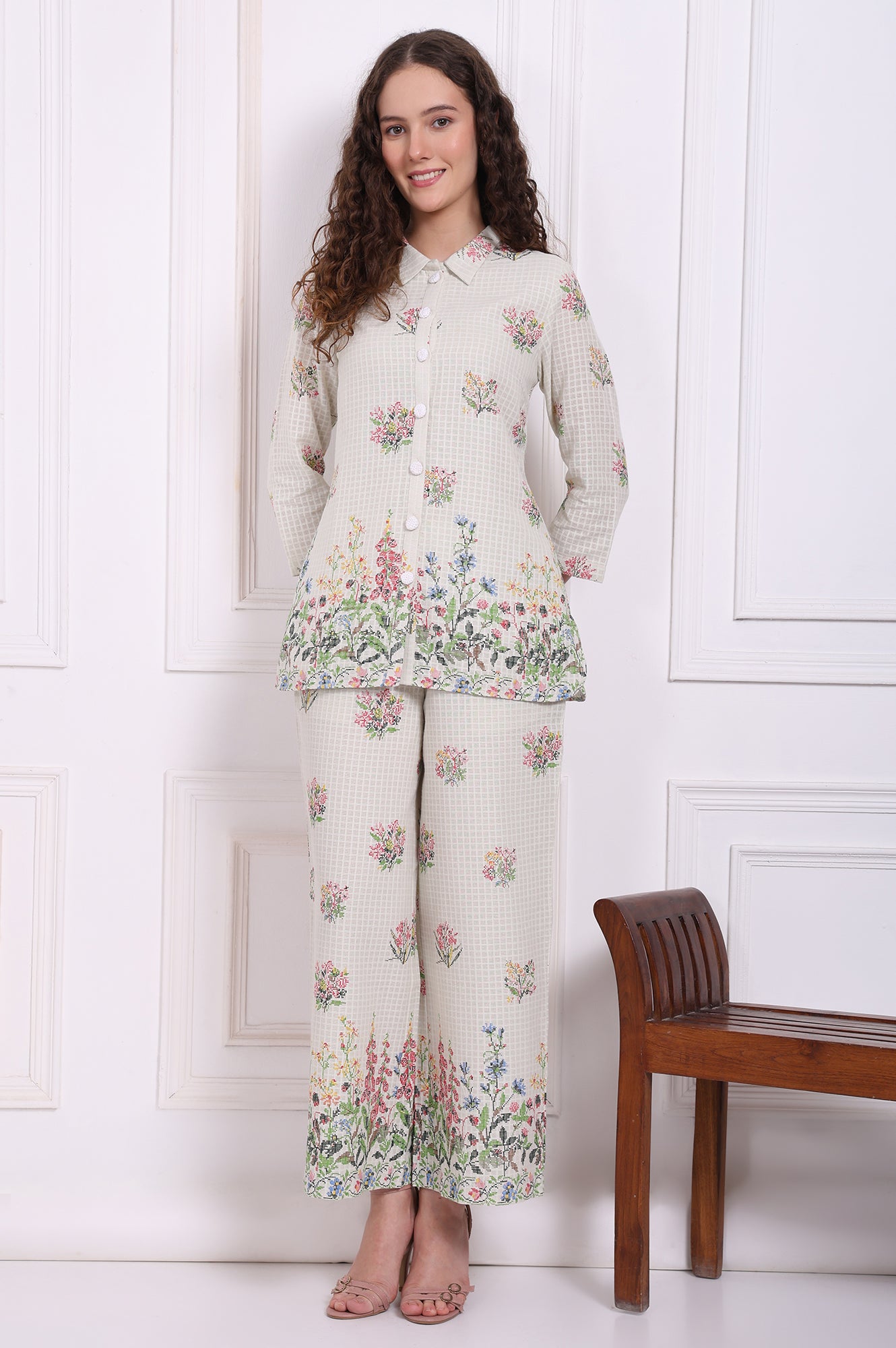 White Floral Printed Checker Pure Cotton Shirt and Pants Co-ord Set