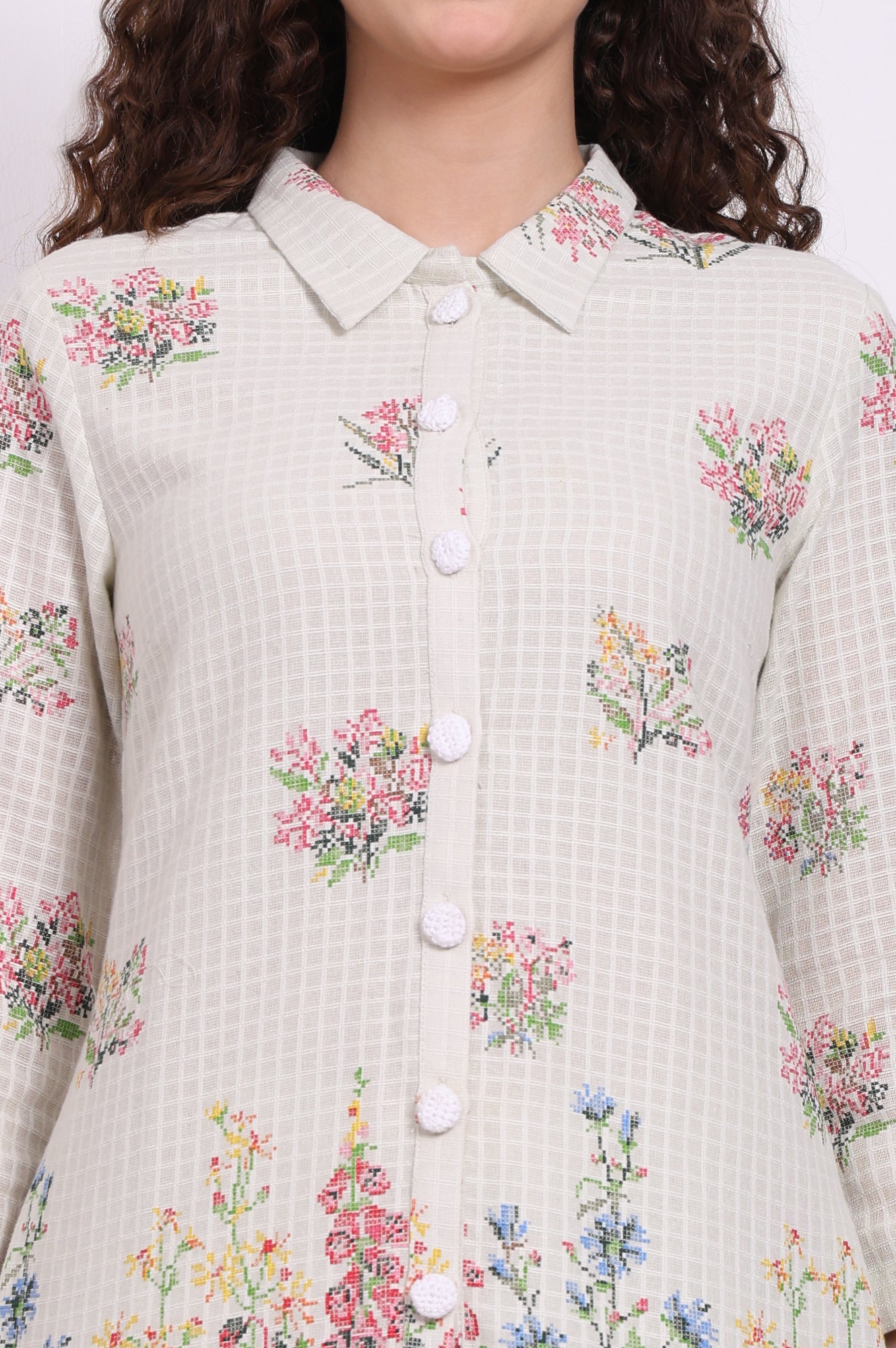 White Floral Printed Checker Pure Cotton Shirt and Pants Co-ord Set