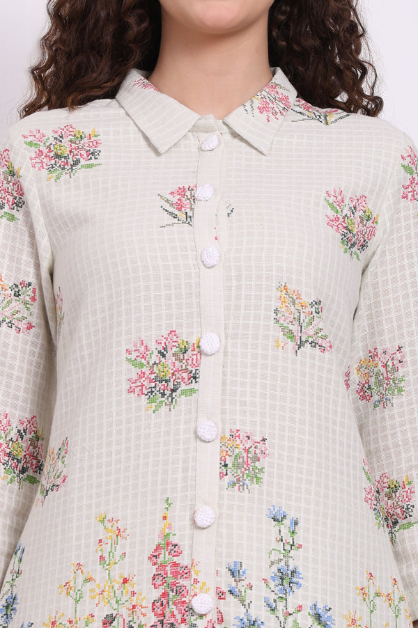 White Floral Printed Checker Pure Cotton Shirt and Pants Co-ord Set