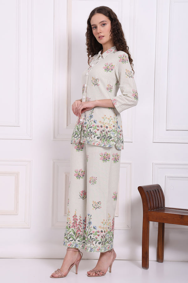 White Floral Printed Checker Pure Cotton Shirt and Pants Co-ord Set