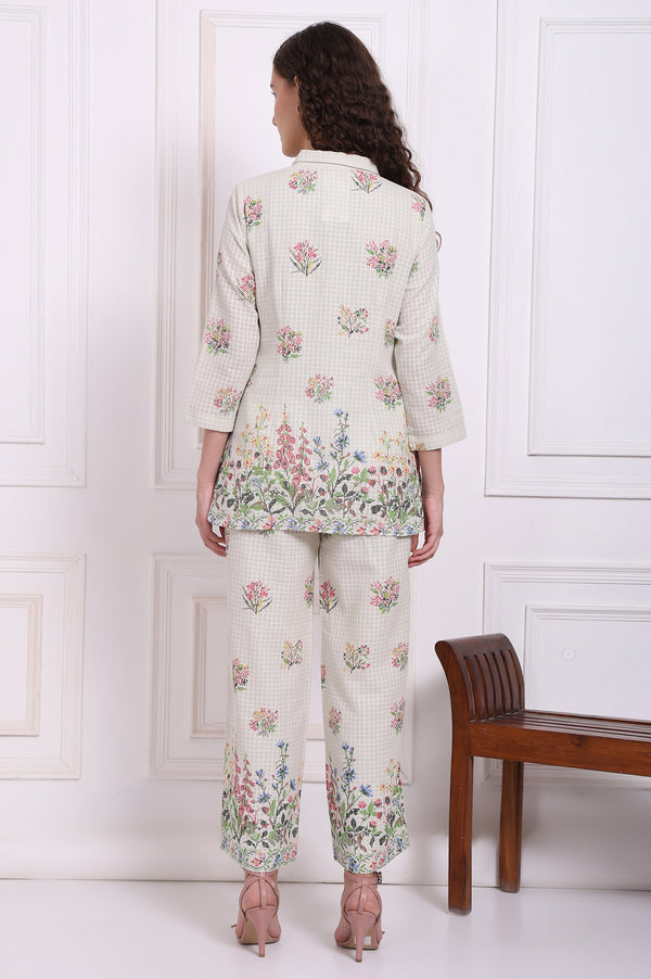 White Floral Printed Checker Pure Cotton Shirt and Pants Co-ord Set
