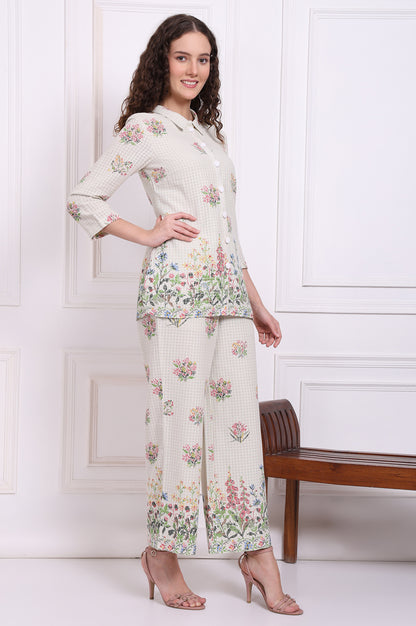 White Floral Printed Checker Pure Cotton Shirt and Pants Co-ord Set