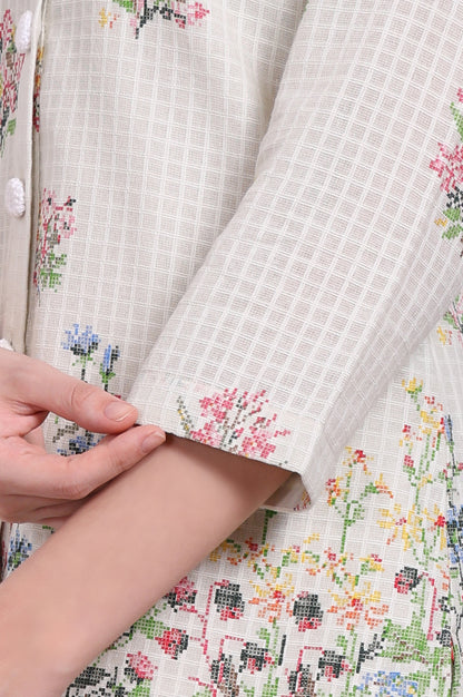 White Floral Printed Checker Pure Cotton Shirt and Pants Co-ord Set