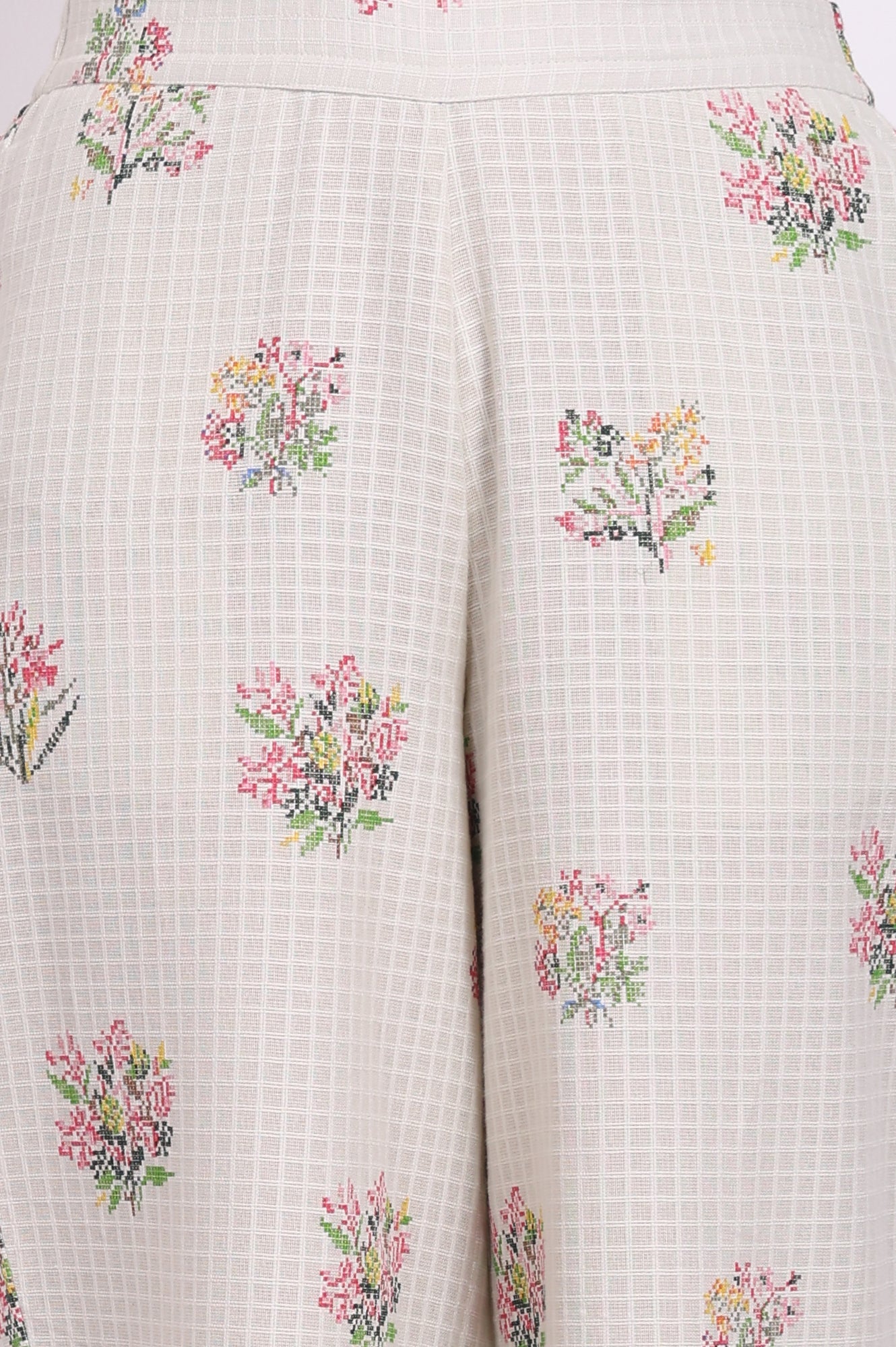 White Floral Printed Checker Pure Cotton Shirt and Pants Co-ord Set