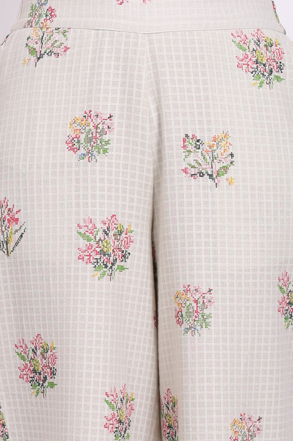 White Floral Printed Checker Pure Cotton Shirt and Pants Co-ord Set