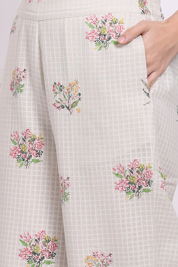 White Floral Printed Checker Pure Cotton Shirt and Pants Co-ord Set