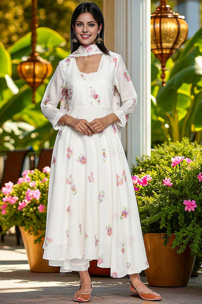 Ecru Printed Kota Flared Kurta, Straight Pant and Dupatta Set