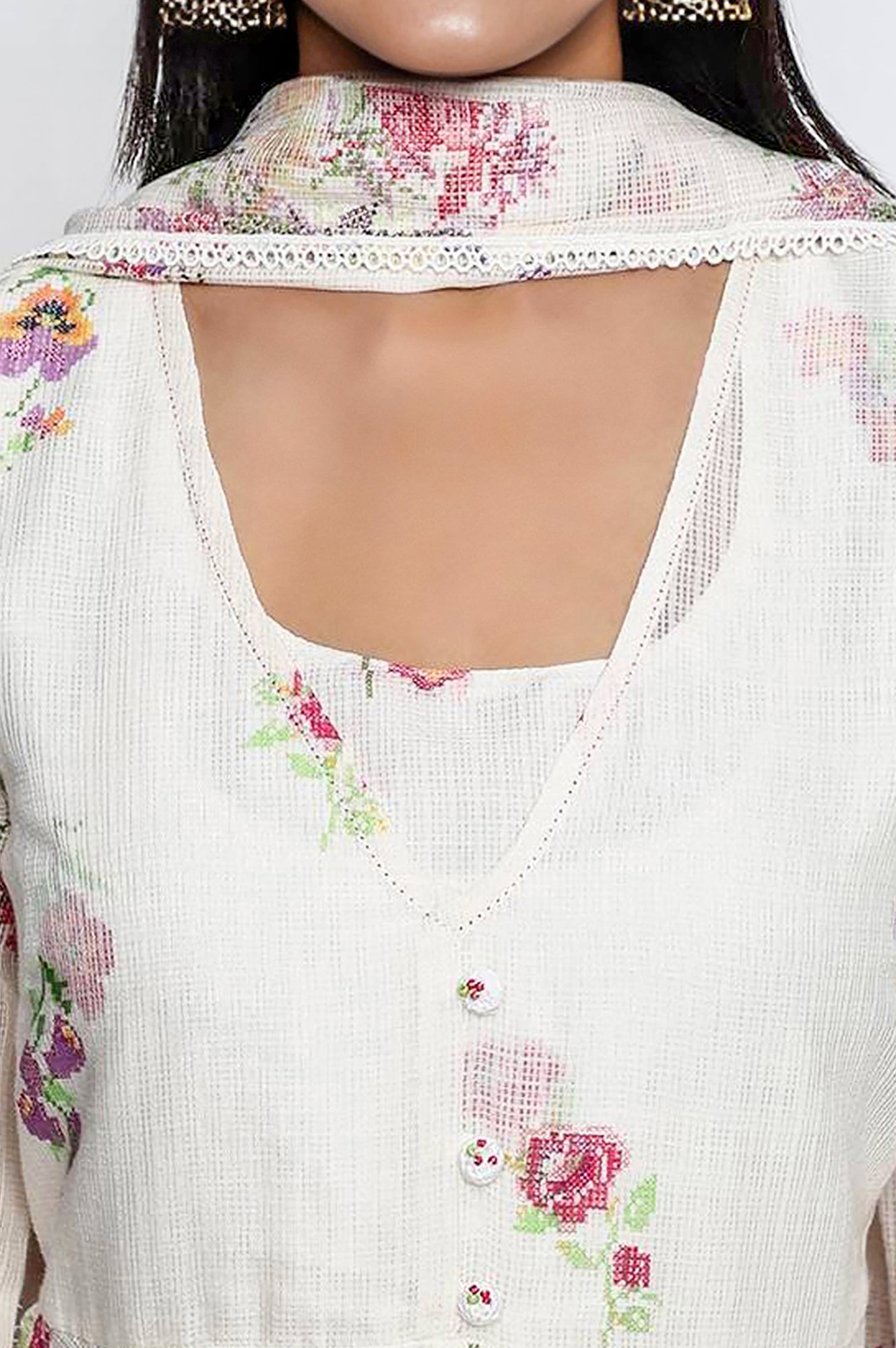 Ecru Printed Kota Flared Kurta, Straight Pant and Dupatta Set