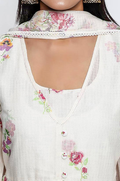 Ecru Printed Kota Flared Kurta, Straight Pant and Dupatta Set