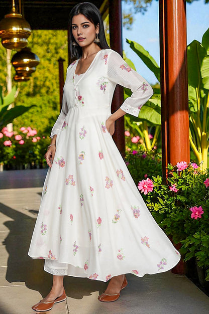 Ecru Printed Kota Flared Kurta, Straight Pant and Dupatta Set