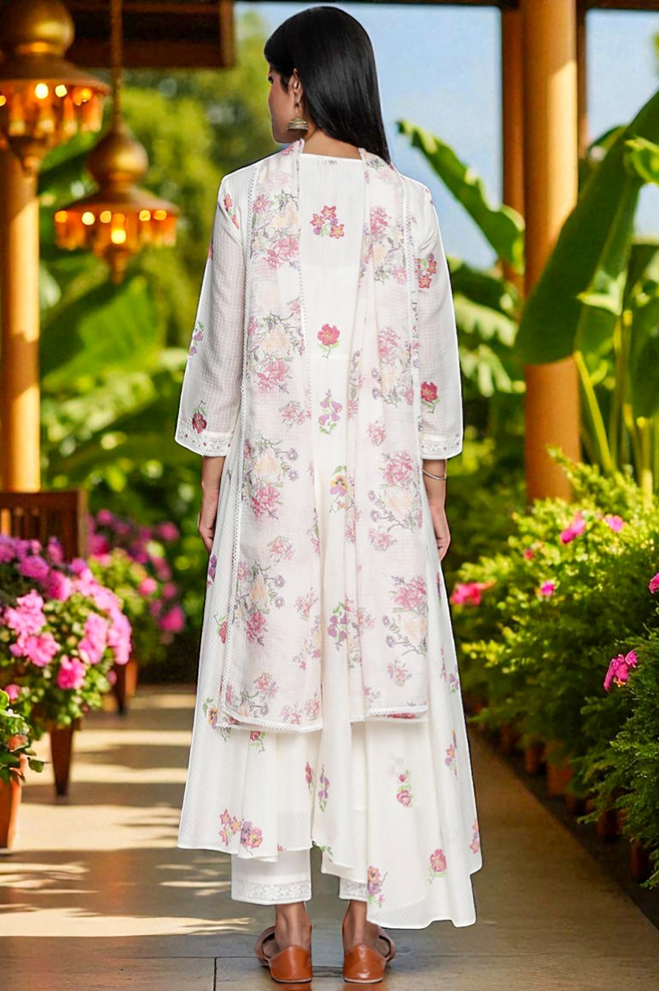 Ecru Printed Kota Flared Kurta, Straight Pant and Dupatta Set